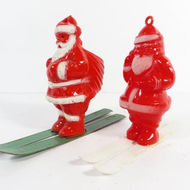 Vintage Skiing Hard Plastic Santa Claus Ornaments - Santa on Green Skis Candy Holder 