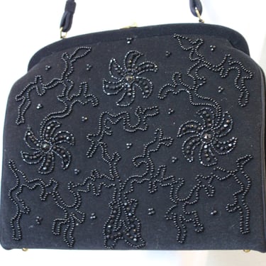 Vintage 40s 1950's HUGE Soure' NY Black Wool Felt Jet Glass Beads Handbag Purse Retro Art Deco Style volup pinup NOS 