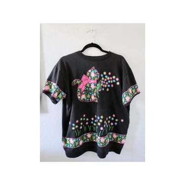 Vintage Spumoni T-shirt - 90s Puff Print Kitty Cat Black Floral Tee - Size Medium 