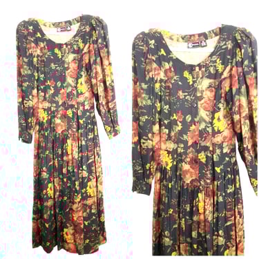 Vintage 80s Peasant Floral Dress Size Small Full Sweep Cottagecore Midi