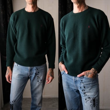 Vintage 80s POLO Ralph Lauren Forest Green Embroidered Pony Wool Knit Sweater | 100% Wool | 1980s RL POLO Designer Streetwear Mens Sweater 