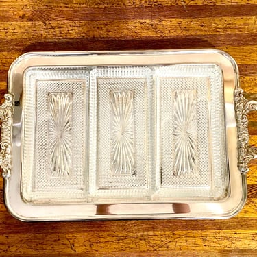 Stunning Vintage SilverPlate Footed Tray with Handles and 3 Fitted Glass Tray Inserts 