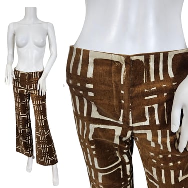 Trina Turk Brown Cream MOD Pattern Velvet Low Rise Hip Hugger Pants I Sz 6 I Sz Med 