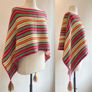 Cool Vintage 70s Hand Knit STRIPED PONCHO Shawl / TASSELS 