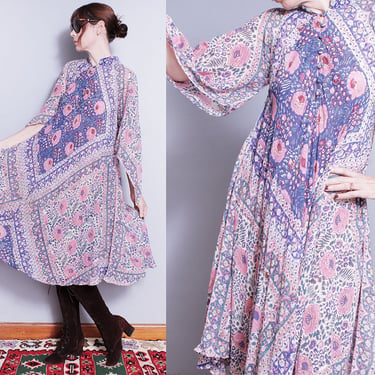 Vintage 1970's | Blue and Pink | Floral | Cotton | Dress | Made in India | S/M 