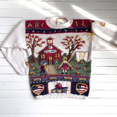 school teacher sweater 90s vintage Crystal Kobe schoolhouse apple novelty hand knit sweater 