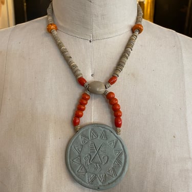 1970s beaded necklace, ethnic style, vintage 70s necklace, bohemian, festival style, bird, clay pendant, orange beads, hippie jewelry, boho 
