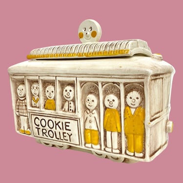 Vintage Cookie Jar Retro 1960s Mid Century Modern + Treasure Craft + Cookie Trolley + Ceramic + Beige and Yellow + Kitchen + Cookie Storage 