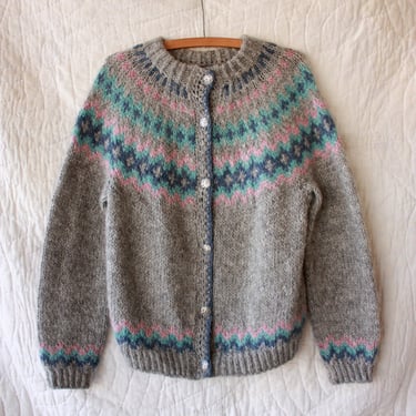 Vintage Icelandic Wool Fair Isle Cardigan Sweater Mohair Gray Pastel Size M 