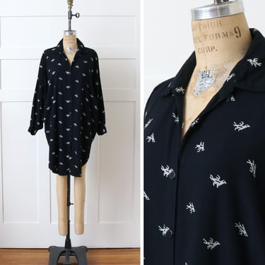vintage 1990s southwest bird print tunic • long dress shirt in black & white with draped dolman sleeves 