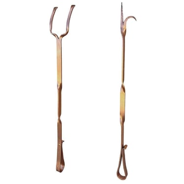 Solid Copper Art Deco Fireplace Poker and Tongs Tools 