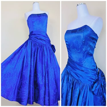 1980s Vintage Zum Zum Electric Blue Floral Strapless Dress / 80s Asymmetrical Bow Fit and Flare Party Gown / Size Small 