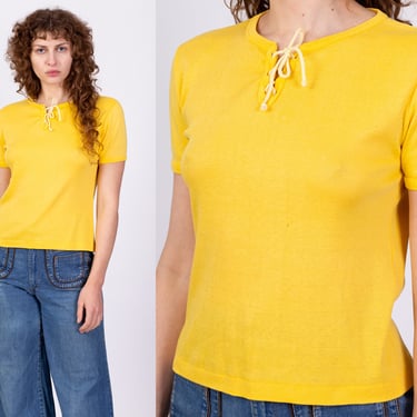 70s Wrangler Yellow Lace Up Shirt - Medium to Large | Vintage Plain Ribbed Short Sleeve Henley Top 