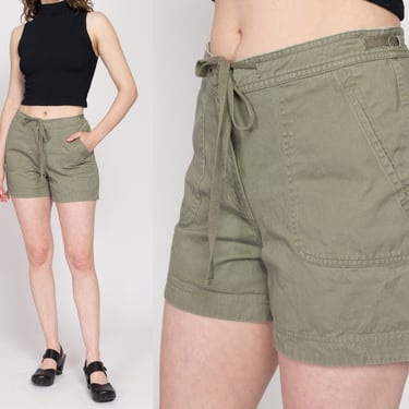 Small Y2K Army Green Mid Rise Shorts | Vintage Drawstring Waist Cotton Cargo Casual Shorts 