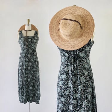 tie back teal floral dress - s - vintage 90s y2k womens size small sleeveless midi cute cottage cottagecore summer sun long dress 