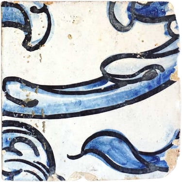 1600’s Antique Portuguese Tin Glazed Blue Floral Ceramic Architectural Tile (Azulejo) 