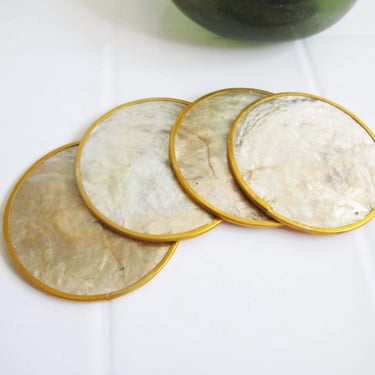 Vintage Shell Coasters Set of 4 - White Capiz Shell Drink Coasters - Round White Gold Mother of Pearl Coasters - Barware - Housewarming Gift 