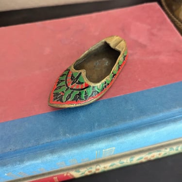 Brass Enameled Shoe Slipper Ashtray Incense Burner 