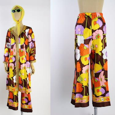 60s Floral Two Piece Set / Vintage Dress / Palazzo Pants / Mod / 60s Dress / 60s Pants/ Size S/M 