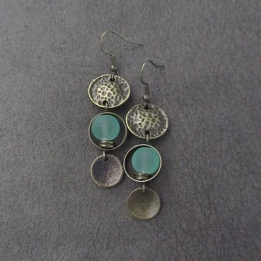 Mid century modern sea green frosted glass and bronze earrings 