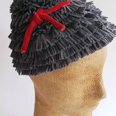 1950s Gray Fringed Cocktail Hat Red Ribbon Bow / 50s Whimsical Soft Hat Beanie Cone Shaped Blum's-Vogue Chicago 