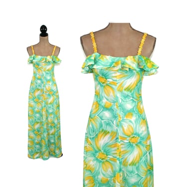 70s Seafoam & Yellow Floral Maxi Dress, Long Sundress with Ruffle Bodice, Spaghetti Strap Summer Dress, 1970s Clothes Women Vintage XS Small 