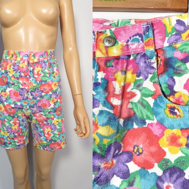 Vintage 90s Bright Bold Floral High Waist Denim Shorts Size 24 Waist XXS 