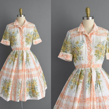 1950s vintage dress | Adorable White Cotton Floral Print Shirtwaist Dress | Small | 50s dress 