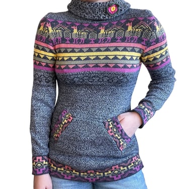 Womens 100% Alpaca Peruvian Floral Turtleneck Hippie Floral Made in Peru Sweater 