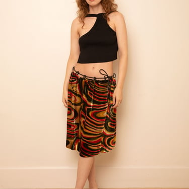 Vintage GUCCI By Tom Ford Fall/Winter 1999 Swirl Print Midi Skirt with Built in Leather Belt 90s Y2K Green Red 