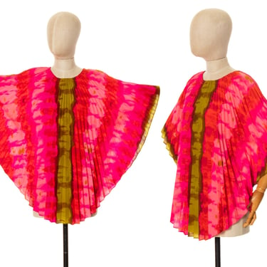 Vintage 1960s Kaftan | 60s Psychedelic Tie Dye Accordion Pleated Short Swimsuit Coverup Striped Hot Pink Halftan Top (xs-xl) 