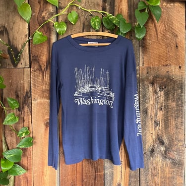 Vintage 80s Washington Harbor Sailboats along sleeve knit shirt sleeve print size XL 