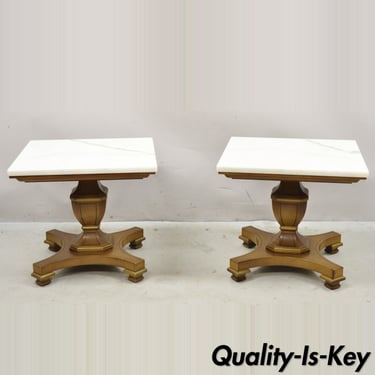 Vintage Low Marble Top Empire Style Pedestal Side Tables by Imperial - a Pair