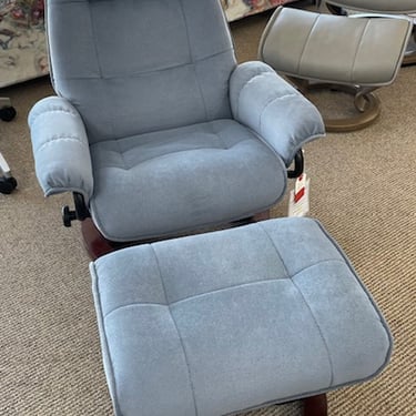 Recliner and Ottoman<br />Blue Microfiber Fabric<br />Dark Brown Wood<br />Chair<br />L 30 x W 24.5 x H 36<br />Ottoman<br />L 21.5 x D 16 x H 15.5