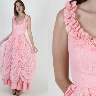 Vintage 70s Off The Shoulder Dress / 1970s Blush Country Ball Gown / Western Style Saloon Dress / Billowy Tiered Maxi Saloon Dress 