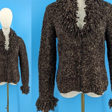 Vintage 2000 Y2K Nine West Large Brown Chunky Knit Button Cardigan with Fuzzy Collar and Cuffs 