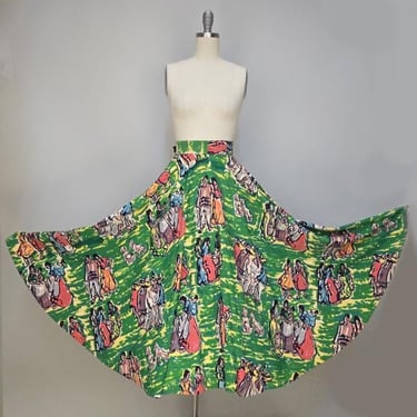 1950s Circle Skirt / Hand Painted Mexican Skirt / Novelty Skirt / Size Small - Medium 