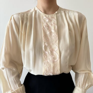 vintage silk blouse minimalist silk top silk shirt embroidered pleated vintage style secretary blouse cream beige retro style size S/M 