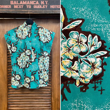 Vintage 1950’s “Shaheen’s” Atomic Floral Tiki Cotton Tea-Timer Hawaiian Shirt Blouse -Signed Selvedge- 50’s Sportswear, Vintage Clothing 