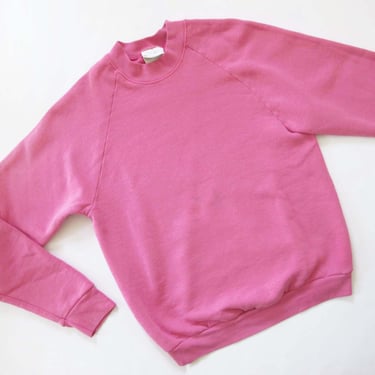 Vintage 80s Bubblegum Pink Raglan Sweatshirt M - 1980s Barbie Pink Crewneck Pullover Solid Color 