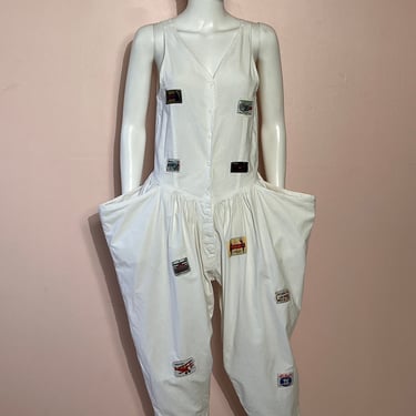 Vtg 1980s White Cotton Aidash Exaggerated Hip Jumpsuit 