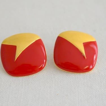 1980s Monet Red and Gold Square Pierced Earrings 