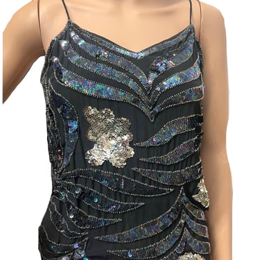 ARGENTI Vintage Black Iridescent Sequin Top, Vintage Sequin top, Iridescent top, Spaghetti Strap Top, Sequin Blouse, 80s Sequin SilkTank Top 