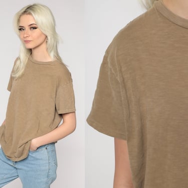 Brown Shirt Plain TShirt 80s Velva Sheen Tee Short Sleeve T Shirt Single Stitch Retro Tee Vintage 90s Basic Neutral Earth Tone Top Large L 