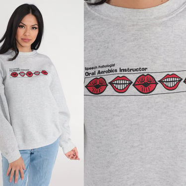 Lips Sweatshirt 90s Speech Pathologist Sweatshirt Oral Aerobics Kissing Smiling Mouth Graphic Shirt Grey Wordquirks Vintage 1990s Large L 