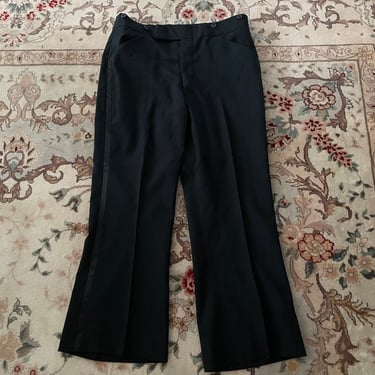 Vintage ‘70s men’s tuxedo trousers, black with satin stripe, unisex, costume pants, 35 short 
