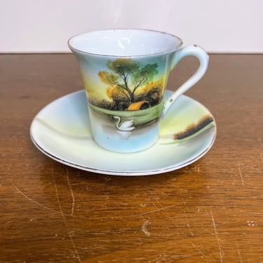 Vintage Hand Painted Tea Cup and Saucer Swan On Lake Art Deco Pastel Colors 