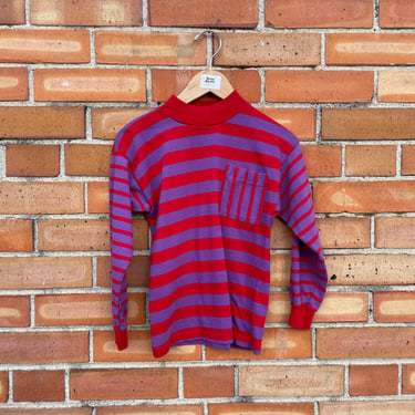 vintage 90s kids red and purple colorblock striped turtleneck pocket tee shirt / 6 1/2 