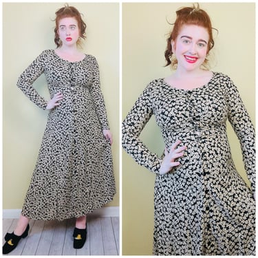1990s Vintage Black and Cream Moda Int'l Rayon Dress / 90s Grunge Floral Print Long Sleeve Button Through Maxi Dress / Size Large 