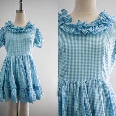 1970s Turquoise Gingham Square Dance Dress 